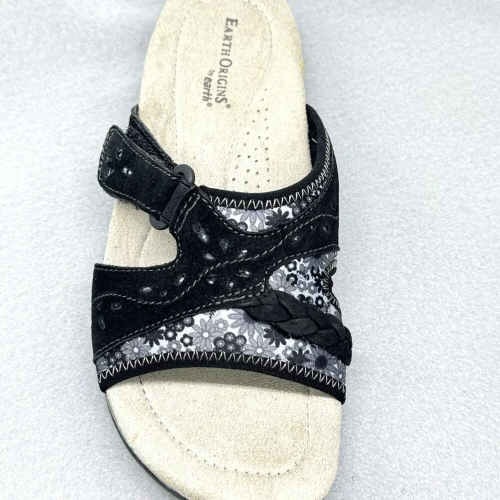 Womens Earth Origins Sandals Black Suede Floral Slides Adjustable Strap Sz 8.5 - Picture 2 of 10
